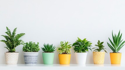 Fototapeta premium A collection of potted plants arranged on a shelf against a white wall.