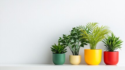 A display of potted plants in colorful pots against a minimalist white background.