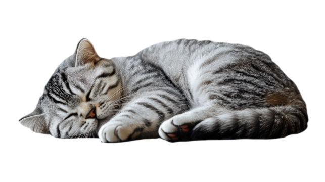 Sleeping gray cat curled up peacefully on soft surface