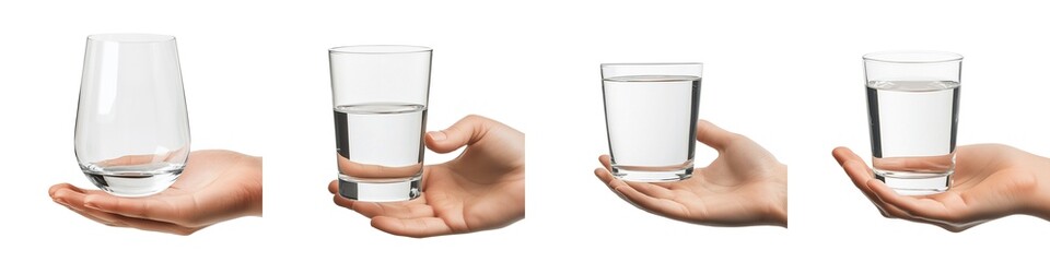 set of A glass of water in hand, a symbol of purity and preservation, a glass of pure water held in hand, holding water in hand, a glass of water held in hand, on a transparent backgrounds