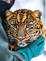 Obraz premium A close-up of a leopard's face being held by a person in a green glove.