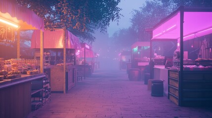 Obraz premium Neon Dreamscape: Surreal Cyberpunk Street Market in Dystopian Future