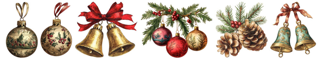 Fototapeta premium PNG Vintage festive holiday decorations illustration, element set on transparent background