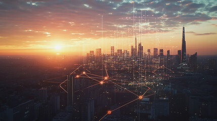 Smart Innovation city with connection cyber security network reciprocity over the sunset cityscape future wireless digital city and social media networking systems that connects people  in the city