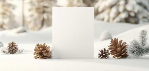 Blank white menu mockup in winter wonderland with pinecones and snow