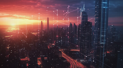 Smart Innovation city with connection cyber security network reciprocity over the sunset cityscape future wireless digital city and social media networking systems that connects people  in the city
