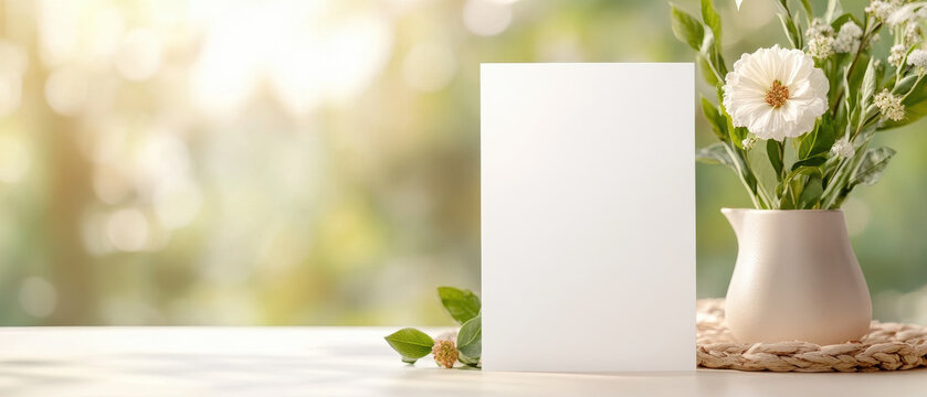 blank white menu mockup placed on table beside flower vase, creating serene outdoor garden atmosphere