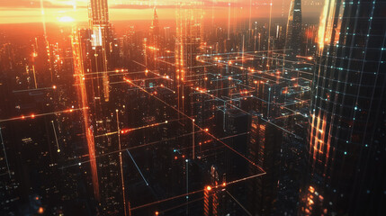 Obraz premium Smart Innovation city with connection cyber security network reciprocity over the sunset cityscape future wireless digital city and social media networking systems that connects people in the city