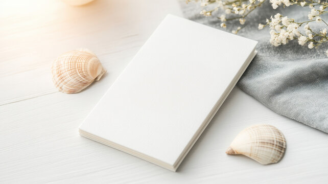 blank white menu mockup on coastal themed table with seashells and flowers, evoking serene atmosphere