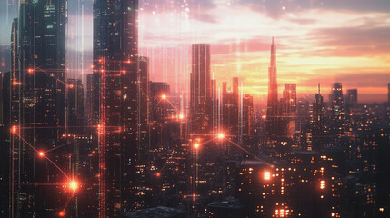 Fototapeta premium Smart Innovation city with connection cyber security network reciprocity over the sunset cityscape future wireless digital city and social media networking systems that connects people in the city