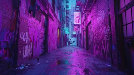 Neon Lit Dreamscape: Dystopian-Futuristic Surrealism in Urban Alleyway
