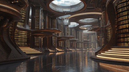 Obraz premium Enigmatic Cyberspace Chronicles: Surrealistic Dystopian Library of the Future