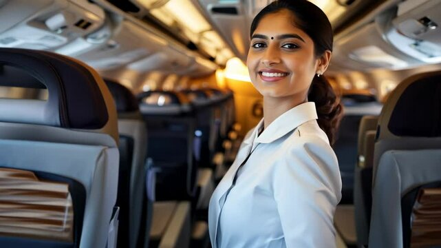 A smiling young Indian flight attendant in the middle of an empty passenger plane cabin. A flight attendant exudes positivity in the empty cabin, ready to serve passengers.