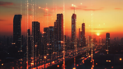 Fototapeta premium Smart Innovation city with connection cyber security network reciprocity over the sunset cityscape future wireless digital city and social media networking systems that connects people in the city