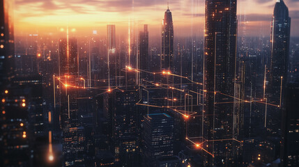 Fototapeta premium Smart Innovation city with connection cyber security network reciprocity over the sunset cityscape future wireless digital city and social media networking systems that connects people in the city