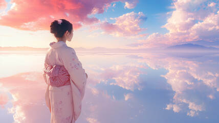 広大な空と塩湖の美に映える淡いピンクの着物姿の女性