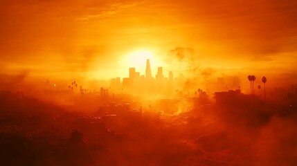 Fototapeta premium Sunset over hazy city skyline