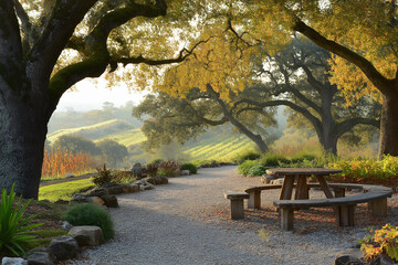 The view of the European-style garden is calm and enchanting in the early morning, with soft sunlight filtering through the large and majestic oak trees.