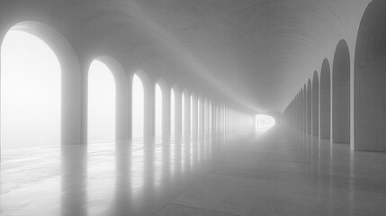 Long, white hallway with arched columns and a bright end. Ideal for concepts of architecture, minimalism, and serenity.