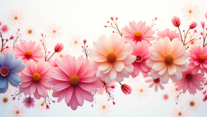 Bright isolated composition of colorful flowers with green leaves on a white background.Colorful floral border for spring and summer themes