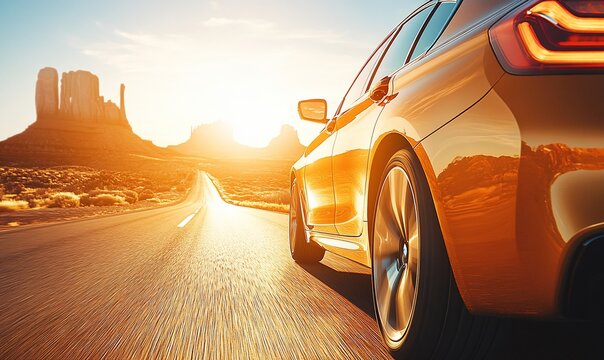 Sunset road trip, desert landscape