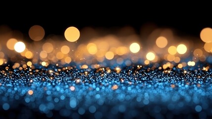 Blue glitter surface, gold bokeh lights background, festive backdrop.
