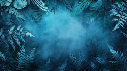 A hyper-realistic photograph of vibrant tropical foliage, featuring intricate fern leaves and bright blue and teal hues. The background is softly blurred, emphasizing the lush leaves