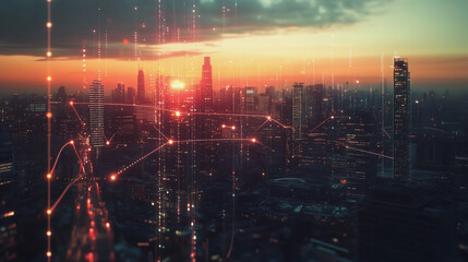 Smart Innovation city with connection cyber security network reciprocity over the sunset cityscape future wireless digital city and social media networking systems that connects people  in the city