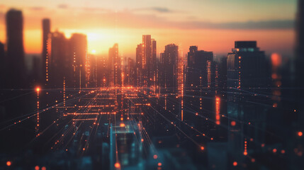 Fototapeta premium Smart Innovation city with connection cyber security network reciprocity over the sunset cityscape future wireless digital city and social media networking systems that connects people in the city