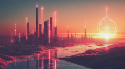 Fototapeta premium Smart Innovation city with connection cyber security network reciprocity over the sunset cityscape future wireless digital city and social media networking systems that connects people in the city