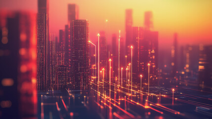 Fototapeta premium Smart Innovation city with connection cyber security network reciprocity over the sunset cityscape future wireless digital city and social media networking systems that connects people in the city