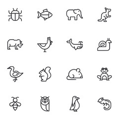 A set of animal icons in black and white