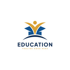 Education Logo Design with Graduation Cap Icon and Abstract People in Blue and Gold Color