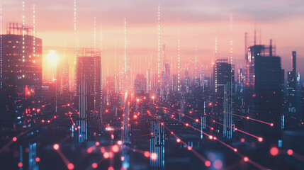 Fototapeta premium Smart Innovation city with connection cyber security network reciprocity over the sunset cityscape future wireless digital city and social media networking systems that connects people in the city