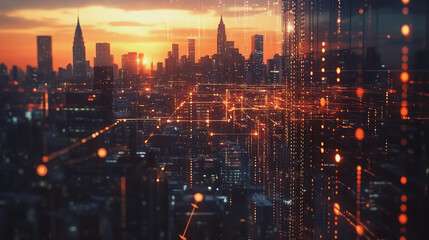 Fototapeta premium Smart Innovation city with connection cyber security network reciprocity over the sunset cityscape future wireless digital city and social media networking systems that connects people in the city