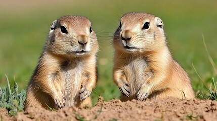Fototapeta premium Two prairie dogs chatting, grassland background, wildlife photo, nature