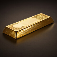 Fototapeta premium A gleaming gold bar, meticulously crafted with intricate detailing, rests on a bed of fine gold dust.