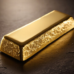 Fototapeta premium A gleaming gold bar, meticulously crafted with intricate detailing, rests on a bed of fine gold dust.
