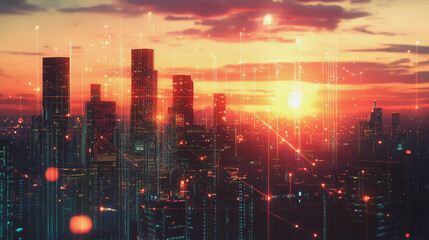 Fototapeta premium Smart Innovation city with connection cyber security network reciprocity over the sunset cityscape future wireless digital city and social media networking systems that connects people in the city