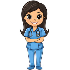 cheerful cartoon nurse wearing scrubs and stethoscope, smiling confidently. This illustration captures essence of healthcare and compassion in playful style