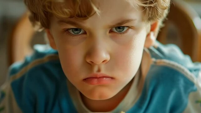 Angry child while eating breakfast.