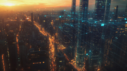 Fototapeta premium Smart Innovation city with connection cyber security network reciprocity over the sunset cityscape future wireless digital city and social media networking systems that connects people in the city