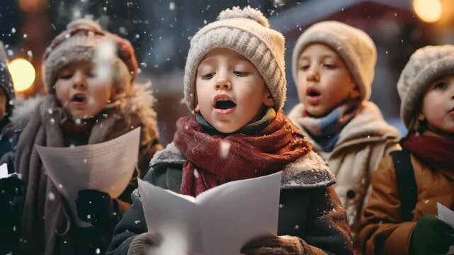 children singing christmas carols on a snowy day, Generative Ai.