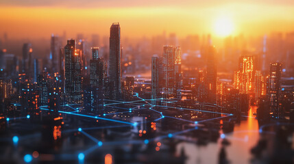Smart Innovation city with connection cyber security network reciprocity over the sunset cityscape future wireless digital city and social media networking systems that connects people  in the city