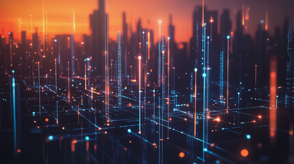 Fototapeta premium Smart Innovation city with connection cyber security network reciprocity over the sunset cityscape future wireless digital city and social media networking systems that connects people in the city
