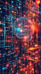 Fototapeta premium Abstract representation of a brain amidst digital data streams, symbolizing technology and intelligence.