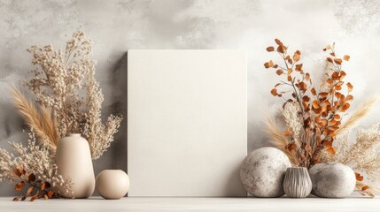 Earthy autumn decor with dried flowers, neutral tones, and a blank canvas.  