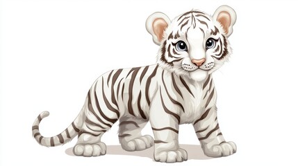 cute animation of white tiger full body stock image, isolated on a white background