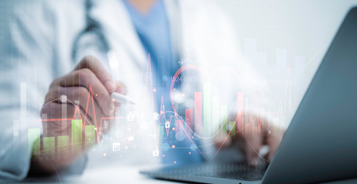 Medical professional analyzing complex health data on laptop with futuristic chart and graphs, symbolizing precision and innovation in healthcare. Perfect for health technology and medical advancement