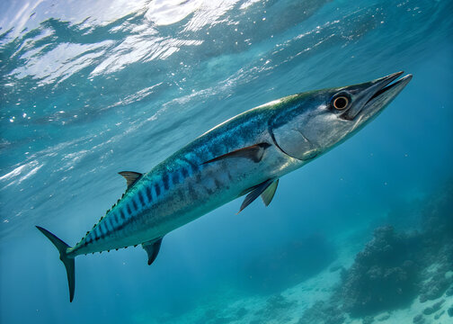 A fast-moving wahoo with elongated body and blue-green iridescent scales